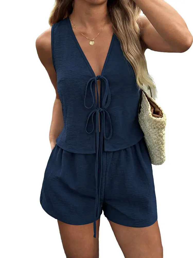 Ladies Casual Deep Blue Sleeveless V-Neck Vest High Waist Short Shorts Set Knot Design Summer Outfit Elegant Style