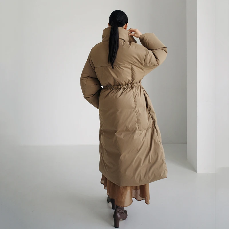 Nuevas chaquetas largas de invierno con cuello levantado, abrigo cálido de manga larga con cinturón suelto, abrigo cálido acolchado de algodón sólido a la moda para mujer