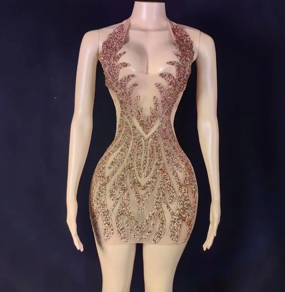 Diamonds Rhinestone Party Birthday Dress for Women Nightclub Mesh See Through Halter Backless Sexy Bodycon Mini Photoshoot Dress