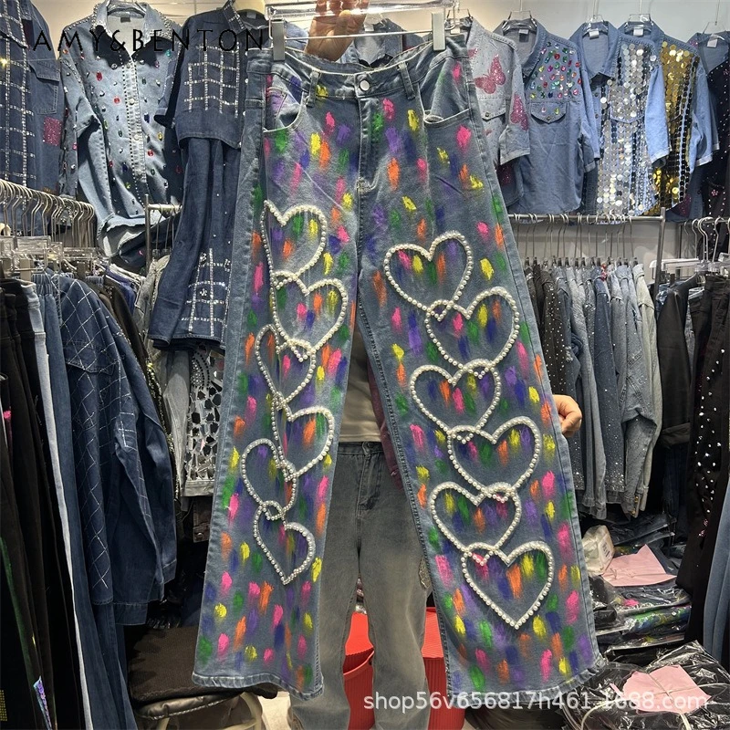 

Autumn New 2025 American Style Loose Kawaii Denim Pants Fashion New Sweatheart Beads Washed Middle Waist Straight Jeans Women