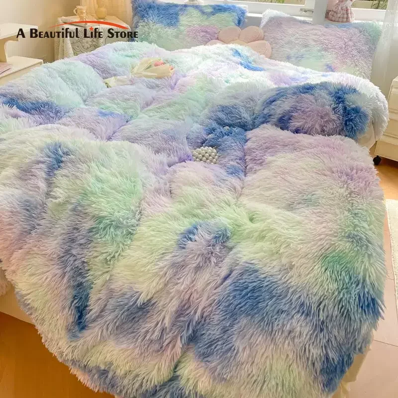 Faux Rabbit Fur Plush Bedding Set, Gradient Shaggy Coral Fleece, Warm Cozy Mink Velvet Quilt, Duvet Cover, Blanket Pillowcases