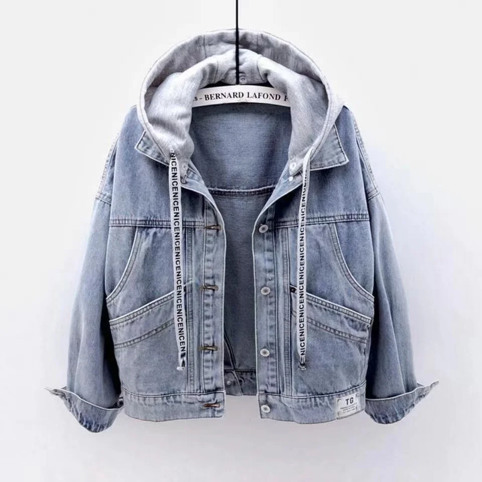 Blue Deconstructable Hooded Turn-down Collar Denim Jacket Women Loose Button Patchwork Outwear Jean Coat Female