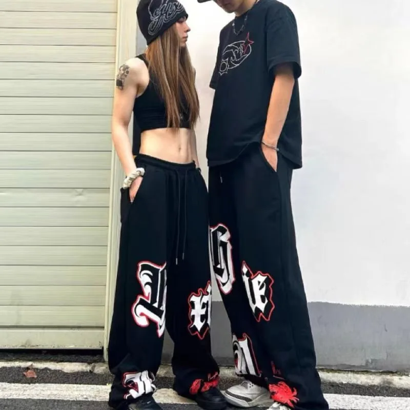 American Street All Match Sports Pant Subculture Hip-hop Letter Graffiti Printed Pants Women's Harajuku Loose Wide Leg Trousers