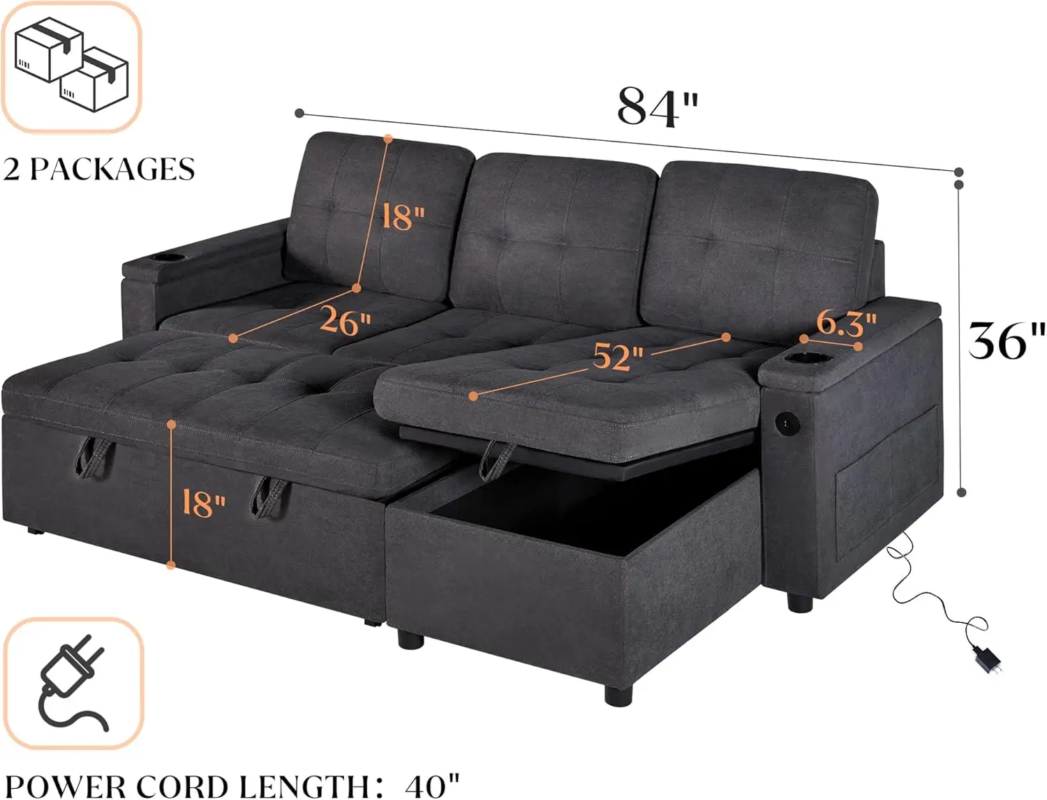 Sofa Bed, Sleeper Sofa with USB Charging Ports, L-Shaped Couch with Storage, Pull Out Couch for Living Room, Grey Linen