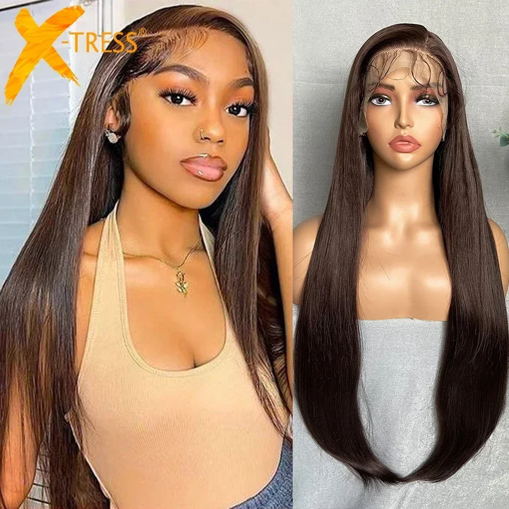 X-TRESS 13X6 Lace Front Synthetic Wigs For Women Black Colored Free Part Long Straight Soft Natural Daily Hair Wig 130% Density