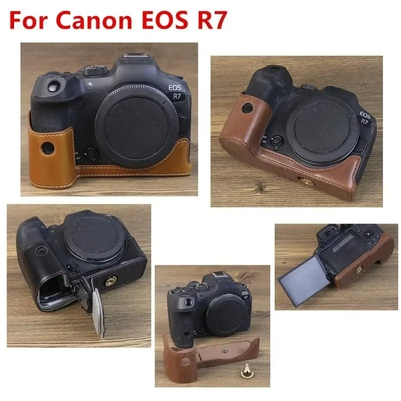 

For Canon EOS R5 R6 R7 R10 R6 Mark II Half Body Case Base Cover Retro Pu Leather Camera Bag