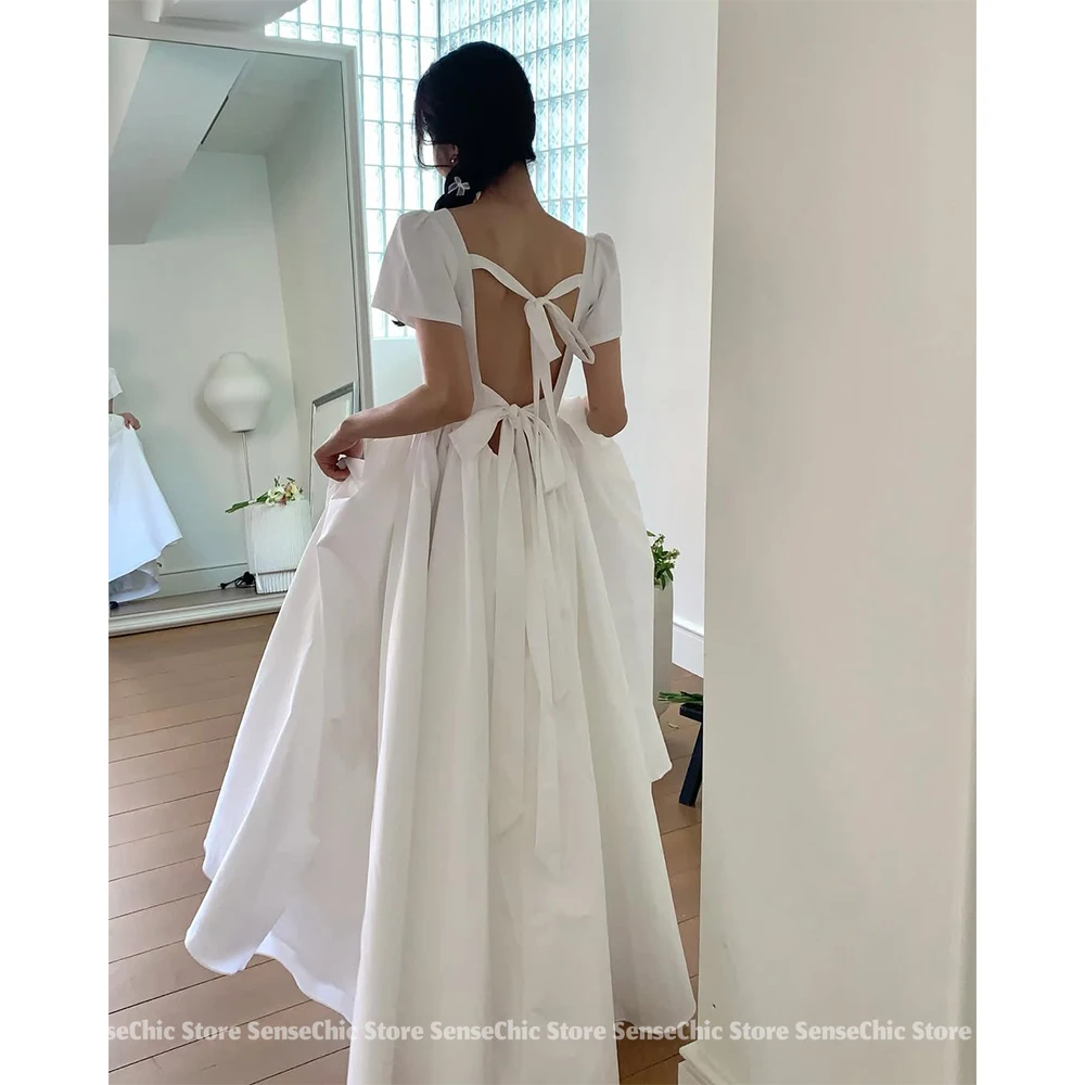 2025 웨딩드레스 새틴 스퀘어 넥 한국 A라인 반팔 정장 웨딩드레스 섹시 백 여성 신부 드레스 맞춤 제작