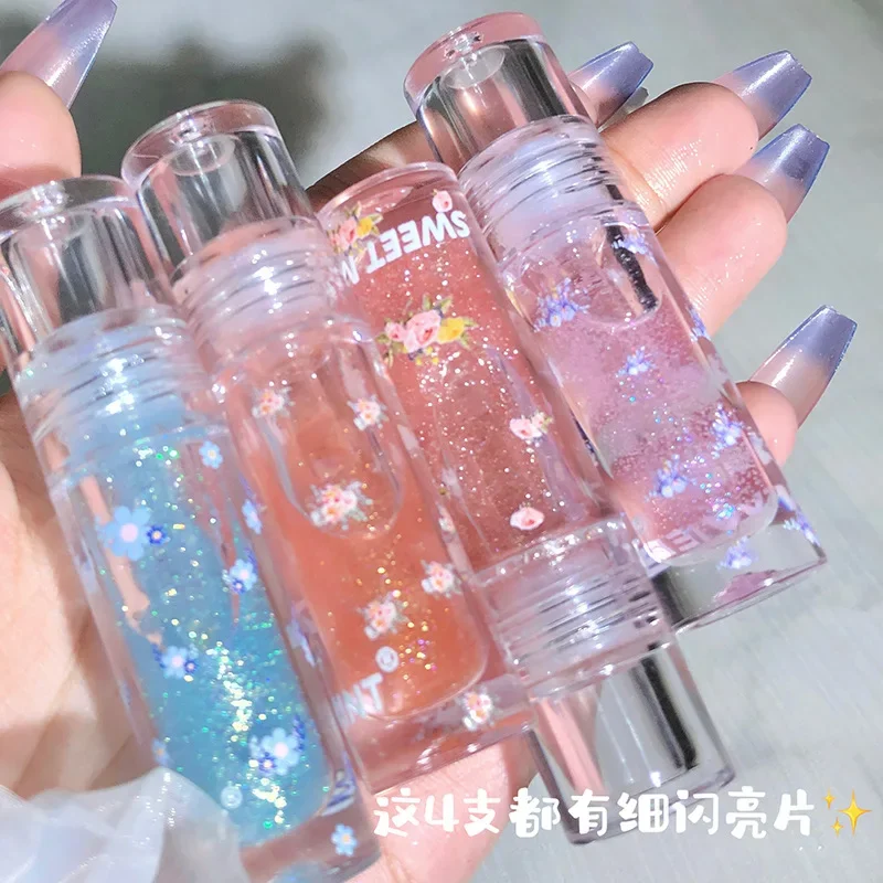 Flowers Crystal Lip Oil Water Light Shiny Lip Gloss Toot Lips Moisturizing Fine Flashing Clear Jelly Lip Glaze Liquid Lipstick