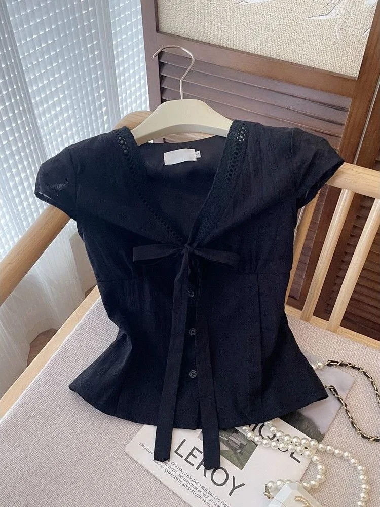 

Original Design Slim Fit Shirt Vintage Style Korean Commute Fashion Waist-Cinching Slimming Effect Short Sleeve V-Neck