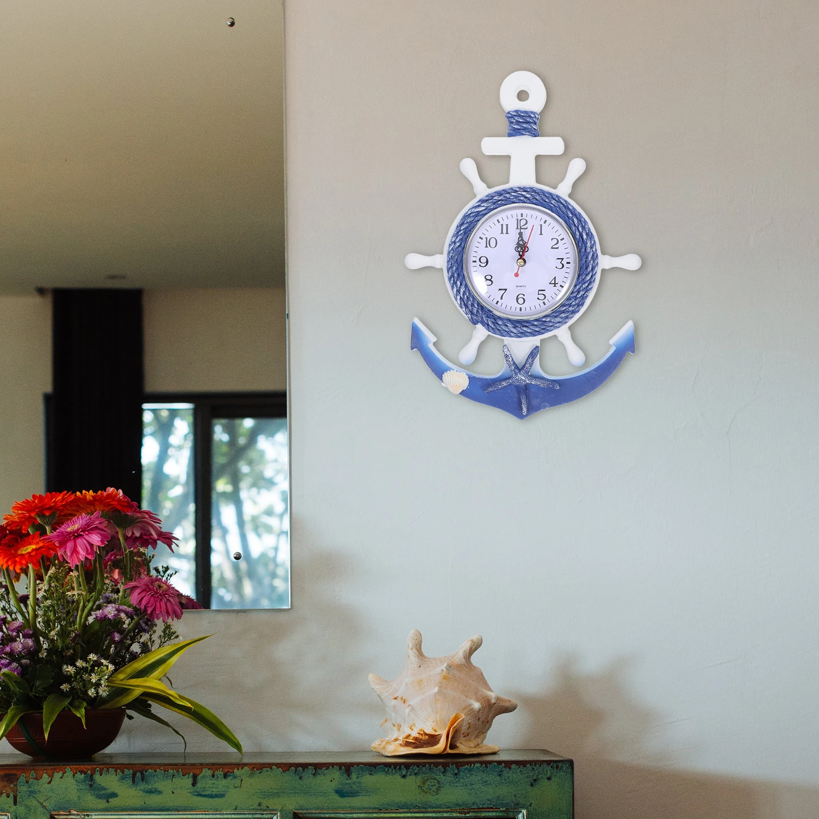 

Wooden Plastic Boat Anchor Clock Hanging Wall Clock for Living Room Bedroom Mediterranean Style Decor Sailboat Theme Mirror