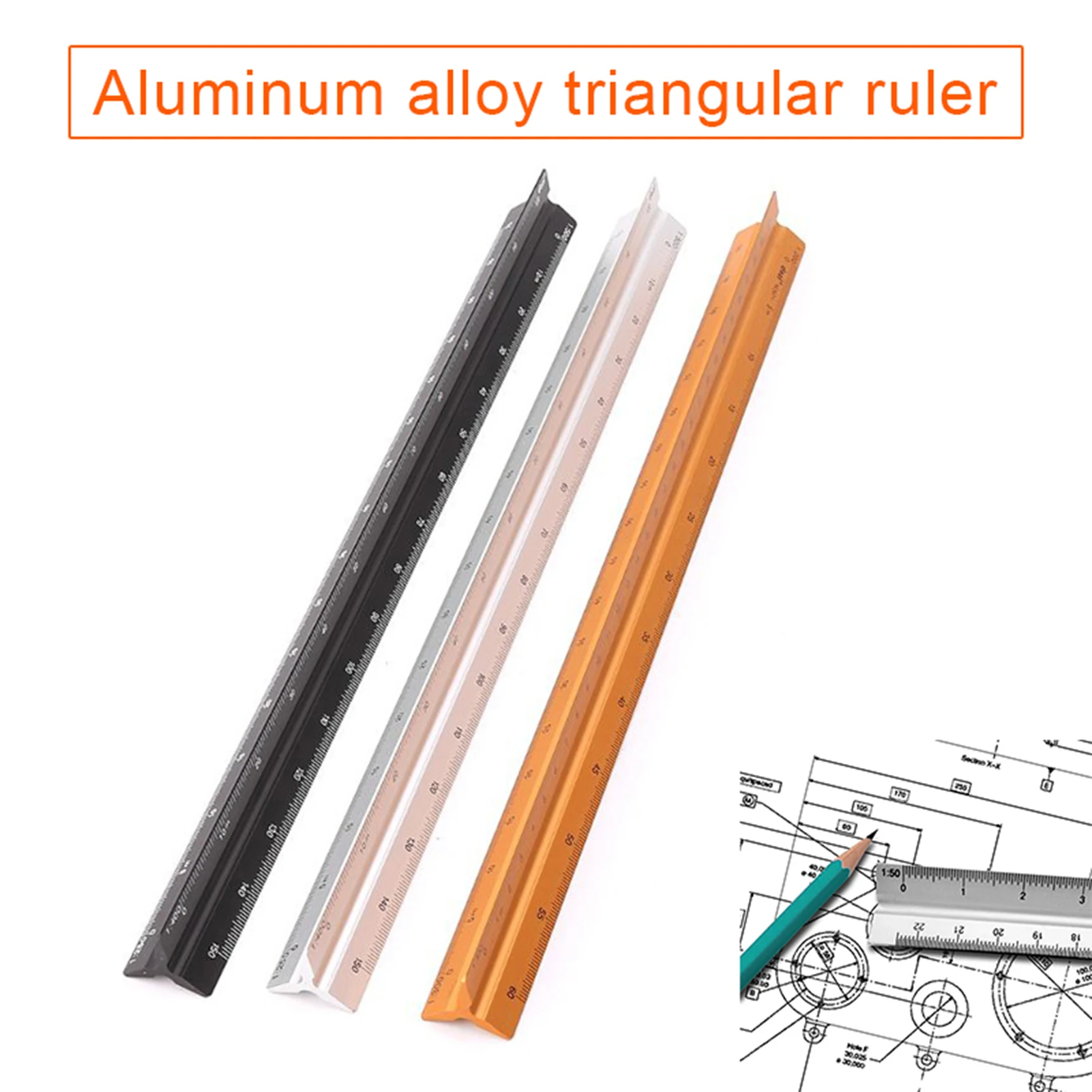 30cm,Triangular,Aluminum Drafting Scale Ruler Aluminum Alloy 3-Sided Scale High Impact Resistant Aluminum Scale Ruler  Drawing