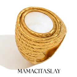 MamacitaSlay Vintage Oval Natural White Shell Layered 316L Stainless Steel Ring Woman 18K Gold Plated Jewelry Finger Decoration