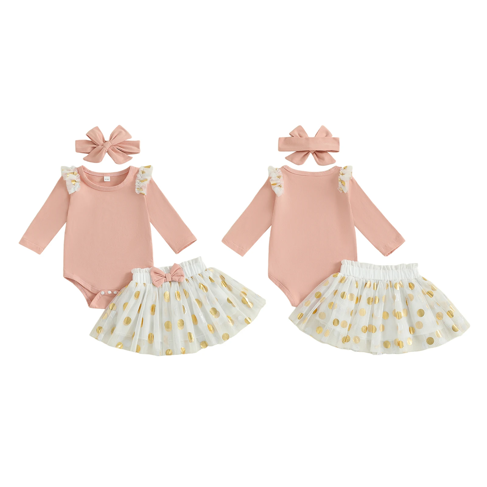 2026 ربيع الموضة طفل رضيع فتاة مجموعة ملابس طويلة الأكمام كشكش رومبير مع نقطة تول تنورة وعقال 3 قطعة وتتسابق