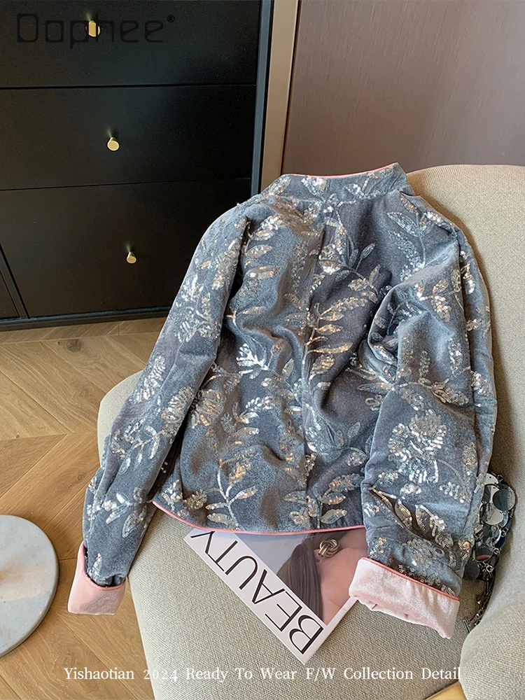 Heavy Industry Sequin Velvet Embroidered Jackets for Women 2025 Autumn New High-end Elegant Single-breasted Loose Casual Jacket