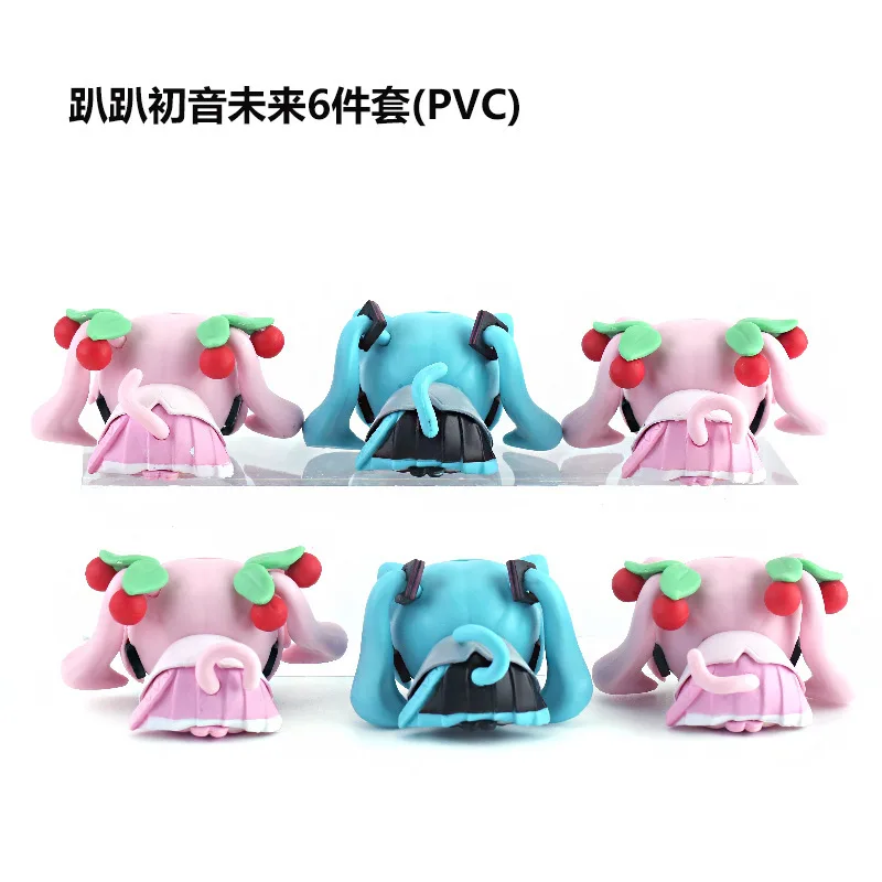 6Pcs/set 2024 New Anime Hatsune Miku Prone posture Cat ears Q version kawaii Figure PVC Model Toys Doll Car Ornaments Gifts