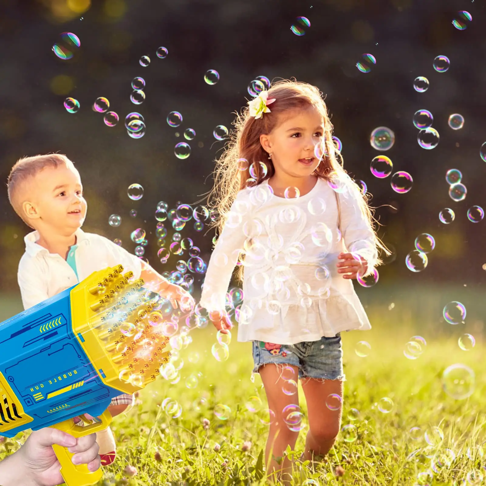 69-gaats automatische bubble blaster met LED-lichtshow, raketwerper speelgoedpistool voor buiten- en binnenfeestplezier