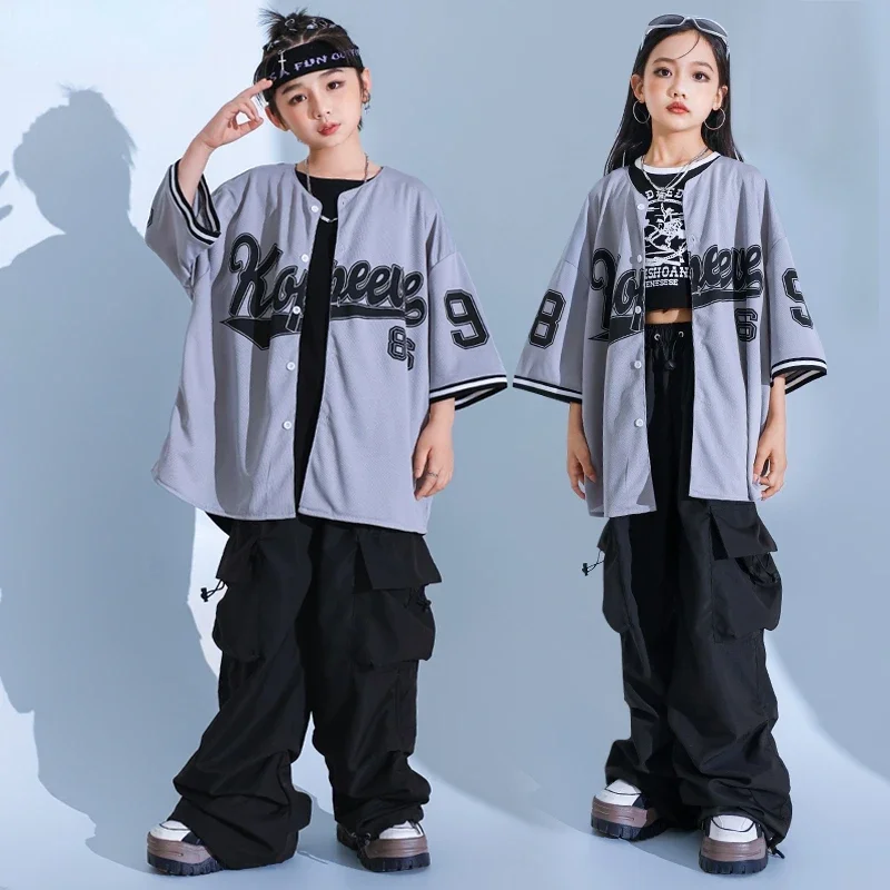 

Kids Hip Hop Dance Clothes Boys Short Sleeves Shirt Black Baggy Pants Girls Jazz Performance Outfits Teenage Group Rave Wear