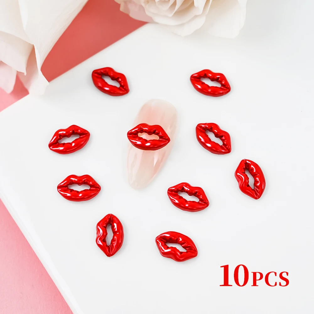 10 Stuks Rood/Roze Luxe Lippen 3d Nail Charmes Romantische Valentijnsdag Charmante Rode Lippen Met Luxe Diamanten Manicure Lippen & * &