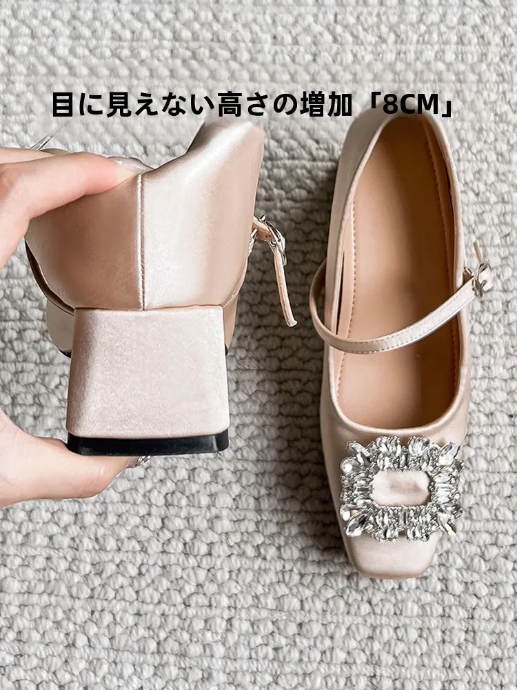 elevated-heel-satin-mary-jane-shoes-diamond-buckle-thick-heel-genuine-leather-summer-skirt-high-heels-french-style-fashionabl