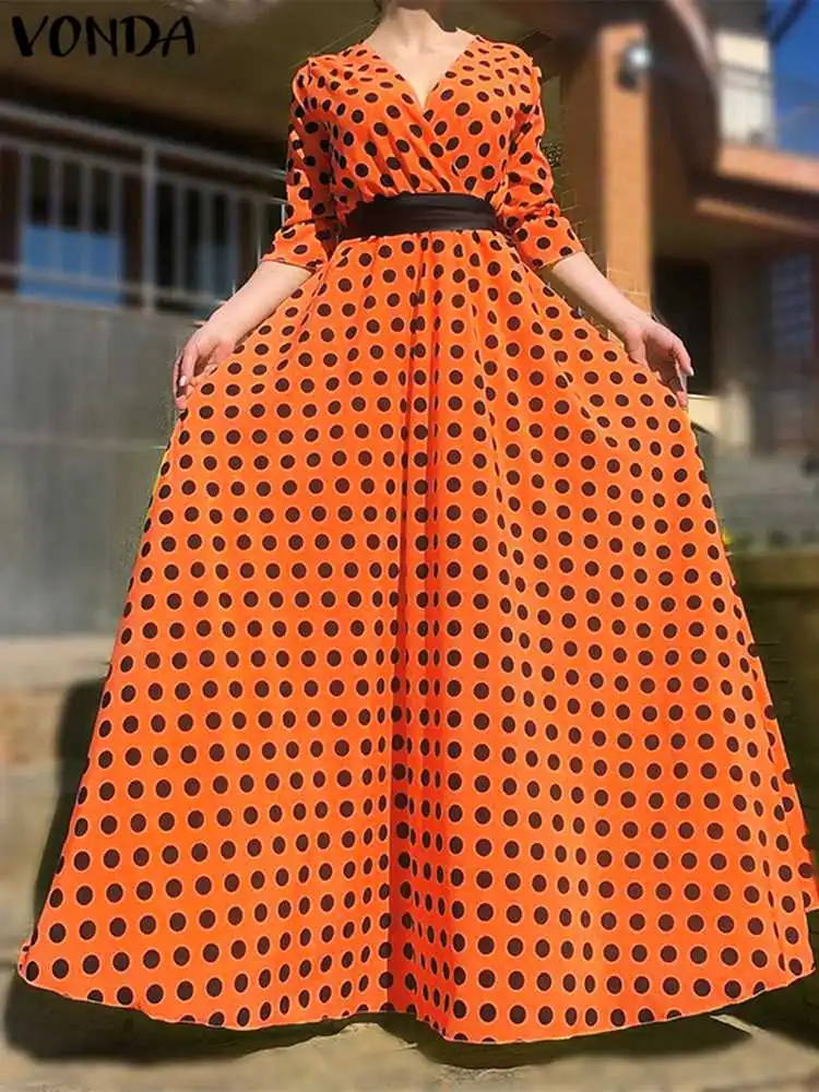 

Plus Size 5XL VONDA Women Ruffled Dress Bohemian Maxi Sundress 3/4 Sleeve Fashion V-Neck Polka Dot Party Robe Casual Belted Robe