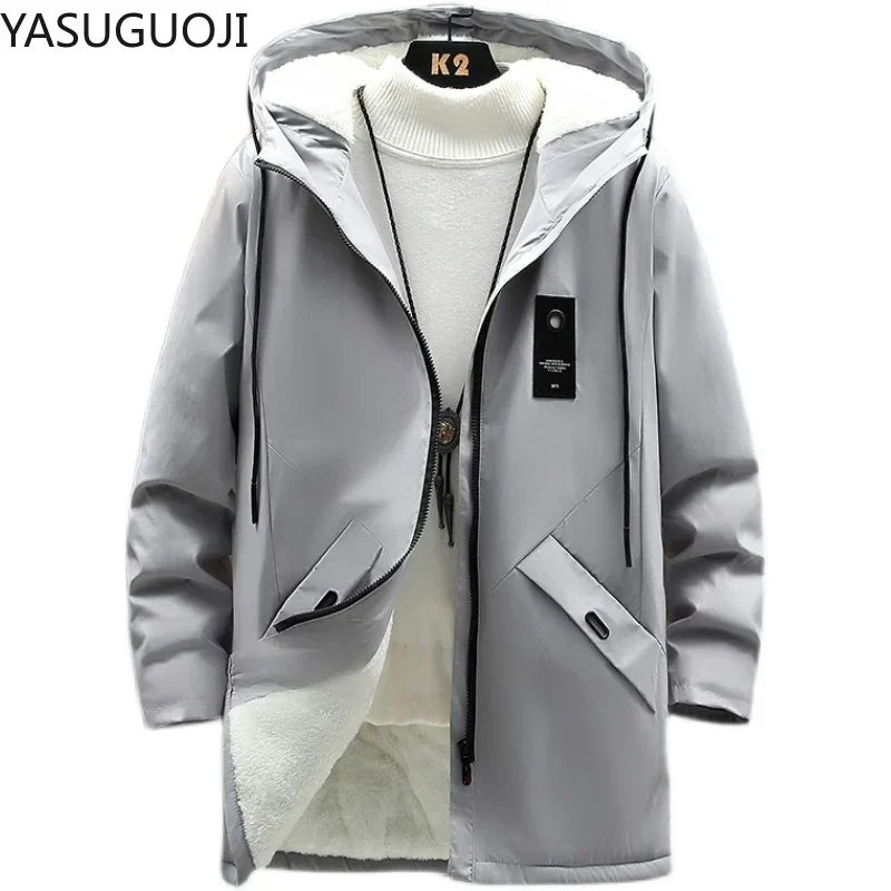 YASUGUOJI-Chaqueta cortavientos informal para hombre, gabardina larga con capucha, prendas de vestir delgadas coreanas de lana, moda 2024