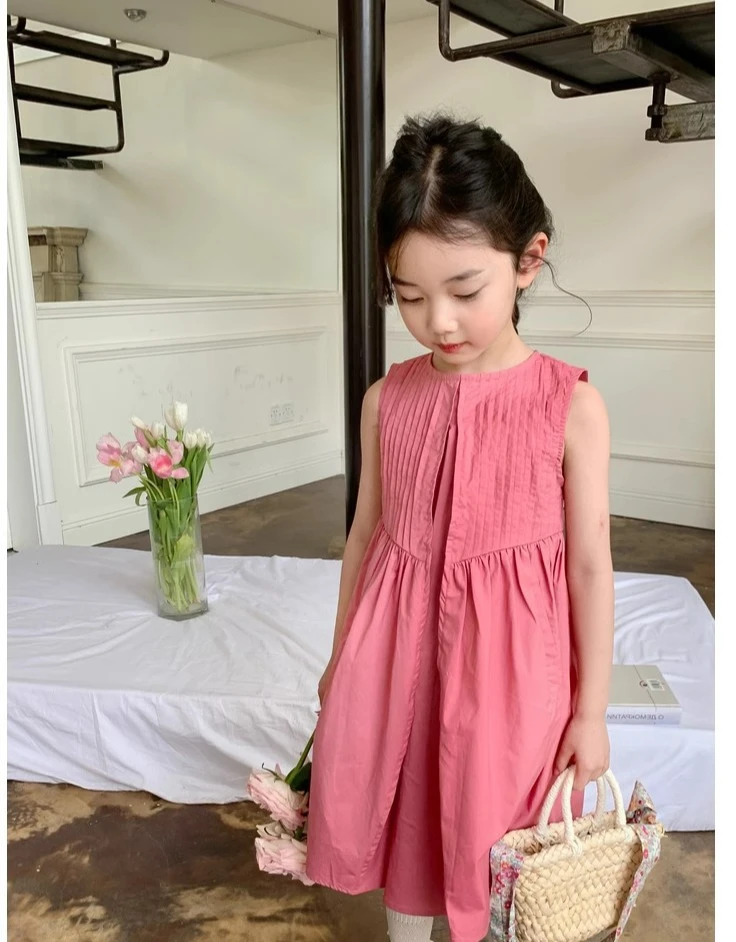 فتاة صيف جديد 2025 الحلو أضعاف سترة دون أكمام تنورة فستان الصلبة عادية بسيطة موضة حلوة الكورية نشط خمر لطيف لينة