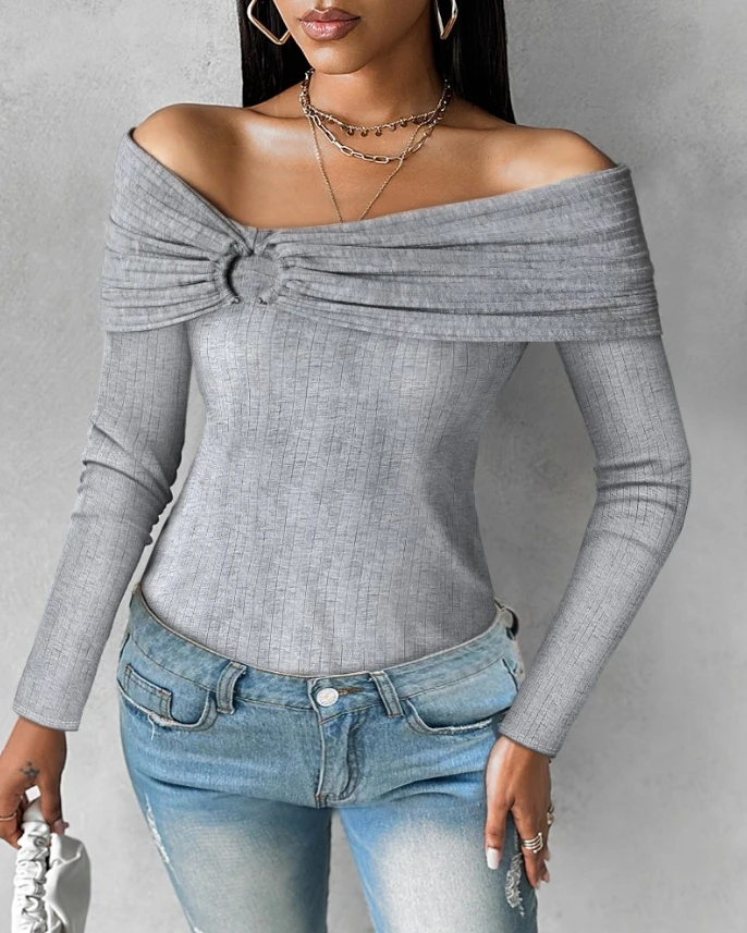 

New Fashion Women Ruched O-Ring Long Sleeve Off Shoulder Ribbed Top Temperament Commuting Women's Vacation Casual Skinny Blouses