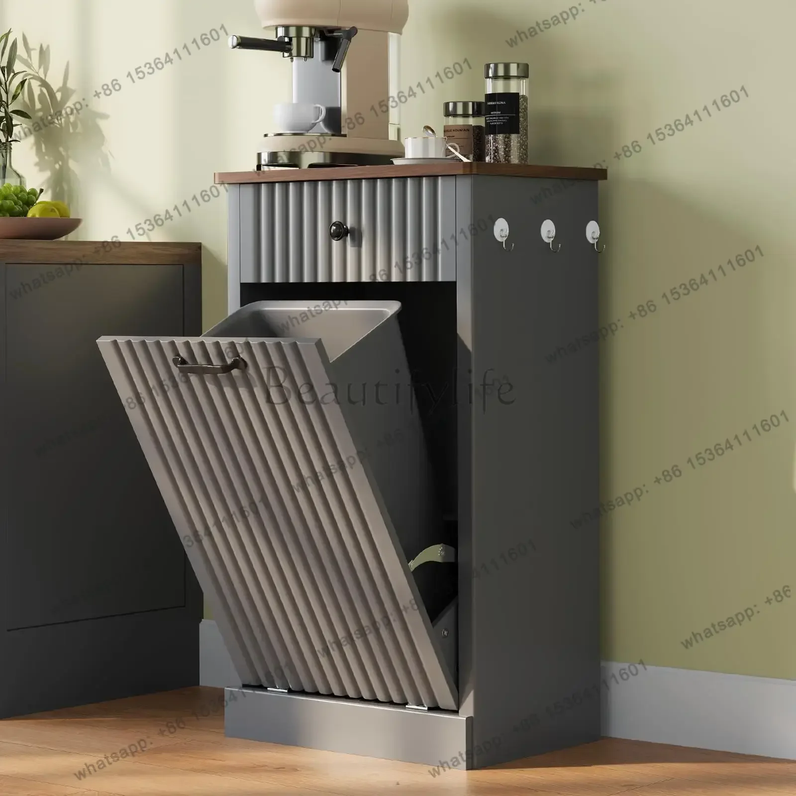 Factory Direct Tilt Out Trash Can Cabinet, 10 Gallon Fluted Laundry Hamper Cabinet With Drawers, Freestanding Wooden , Customize