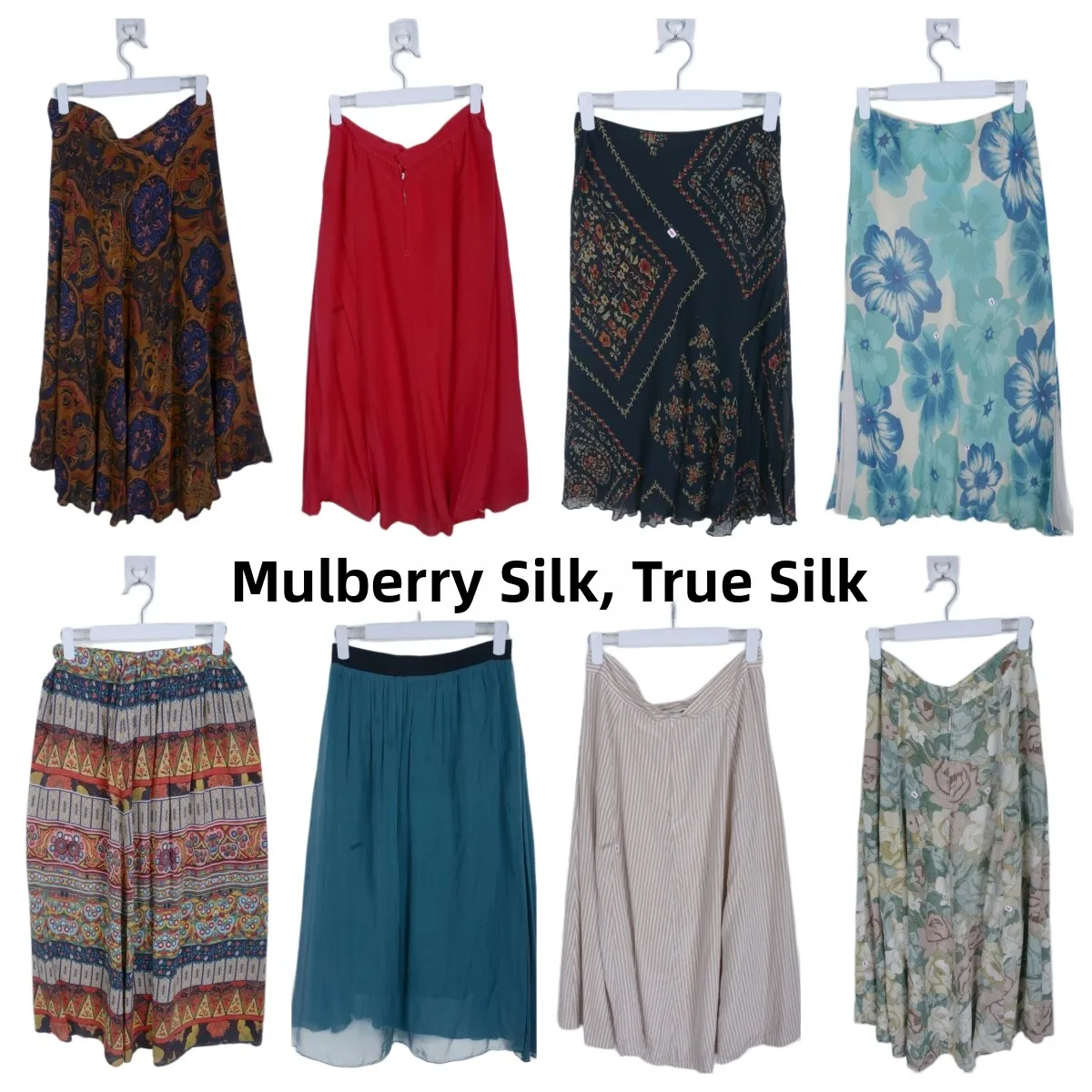 Silk  Spring Summer Half-length Skirt Floral Print Elegant Ladylike Style Short Sleeve round Neckline Straight Cut