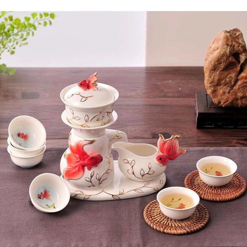 8Pcs/set Golden Fish Kung Fu Tea Set Ceramic Cup Fully Semiautomatic Pot Chinese Ceremony Home