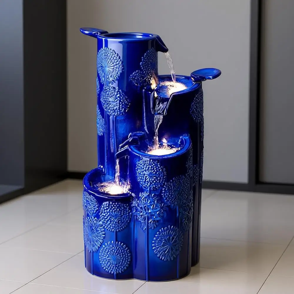 

4-х уровневый кобальтово-синий керамический уличный фонтан со светодиодной подсветкой и насосом, идеально подходит для террасы, патио или сада