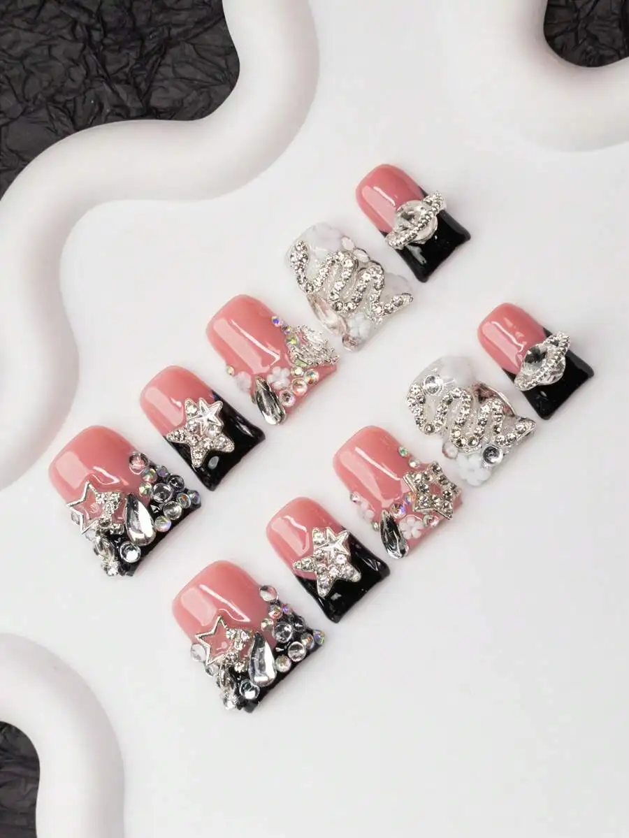 

10pcs Y2K duck mouth press on nails nude black French tip with crystal snake flower planet star designs for parties daily wear u