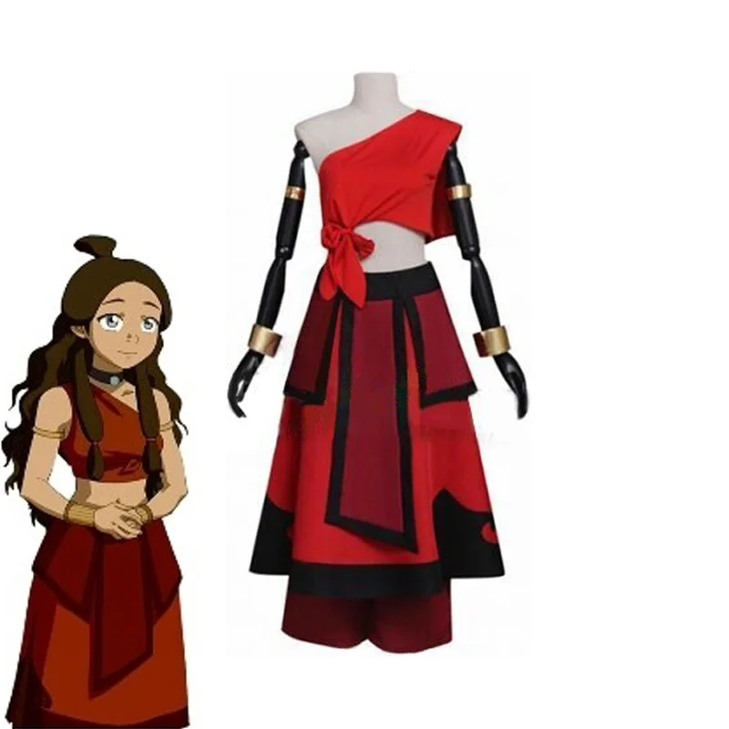 Anime  Katara Cosplay Costume Adult Women Clothes Fire Nation  Red Suit Halloween Carnival Outfits