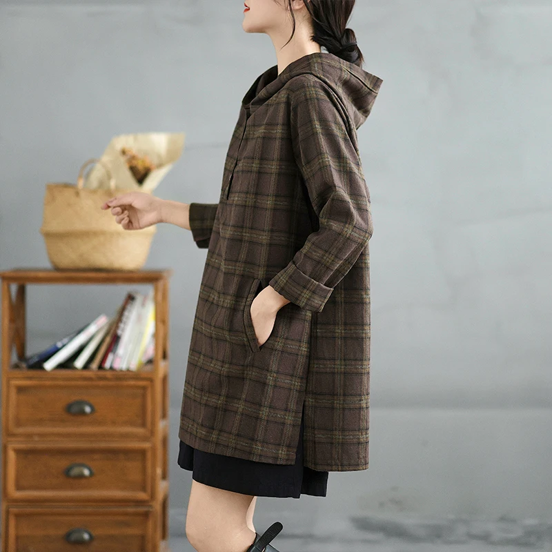 

plus Size Plaid Hooded Long Sve irt Women's Autumn Winter New Design Loose Versatile Mid-Length Top for plus Size Women