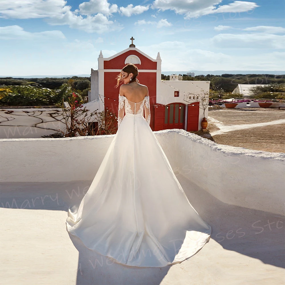 Eleganti abiti da sposa da donna A Line affascinanti Appliques abiti da sposa in pizzo Sexy abiti A maniche lunghe con spacco laterale alto