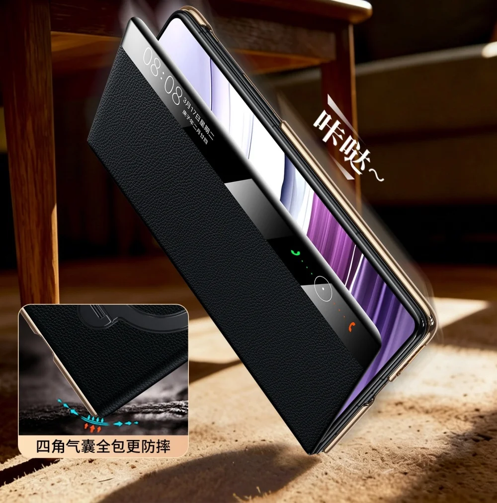 Genuine Cowhide Leather Litchi Pattern Case For Huawei Mate X5 X6 X7 Business Cover view 4