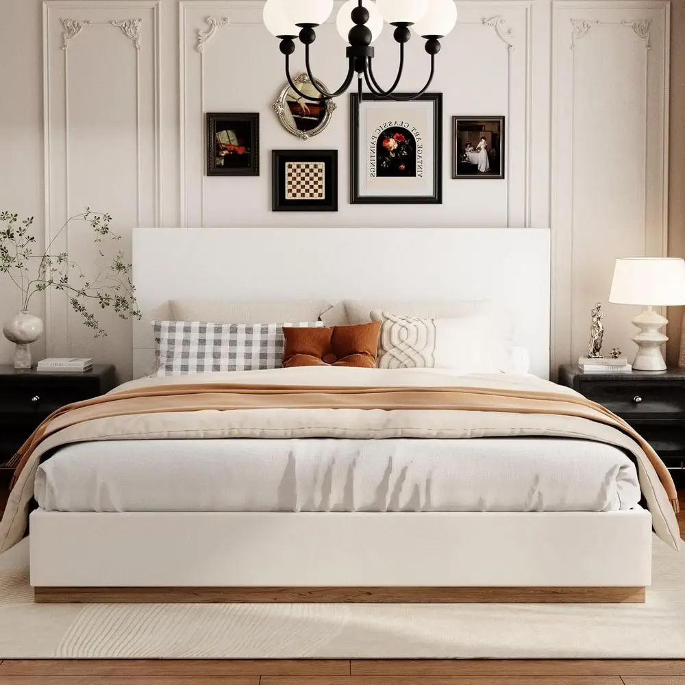 

Beige Velvet Platform Bed with Wooden Base and Metal Support, No Spring Box Required