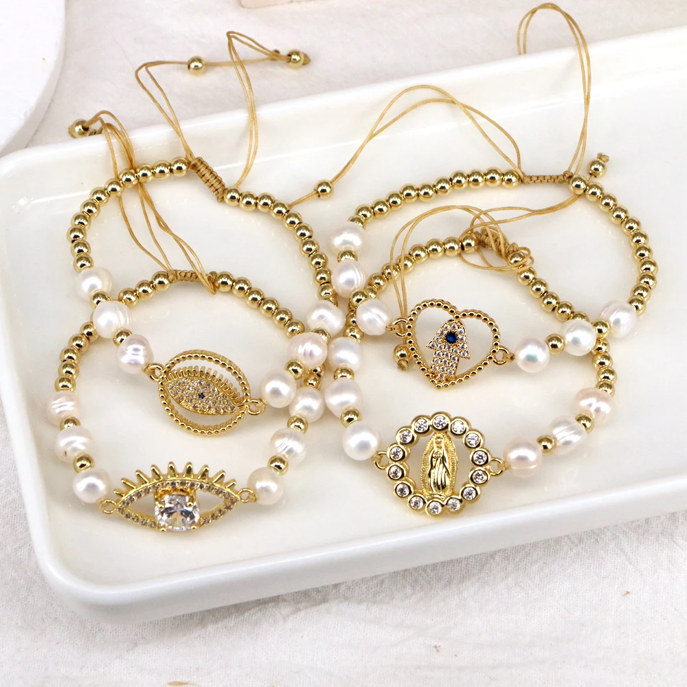 5PCS, 2023 Virgin Mary Bracelets Natural Freshwater Pearl Beaded Handmade Butterfly / Eye Heart Rope Charm Bracelet For Girl