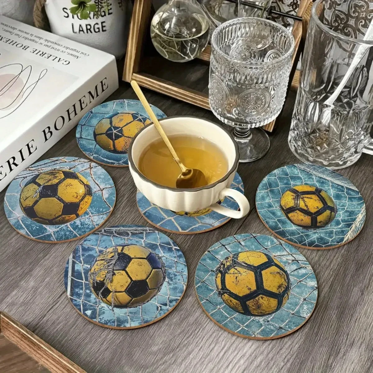2D 6pcs Retro Football Design Wooden Coasters Table Decorati