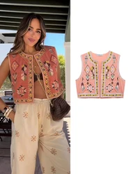 TRAF 2024 Women Fashion Floral Embroidery Vest O-Neck Casual Vintage Cardigan Waistcoat Y2k Women Elegant Streetwear Vests