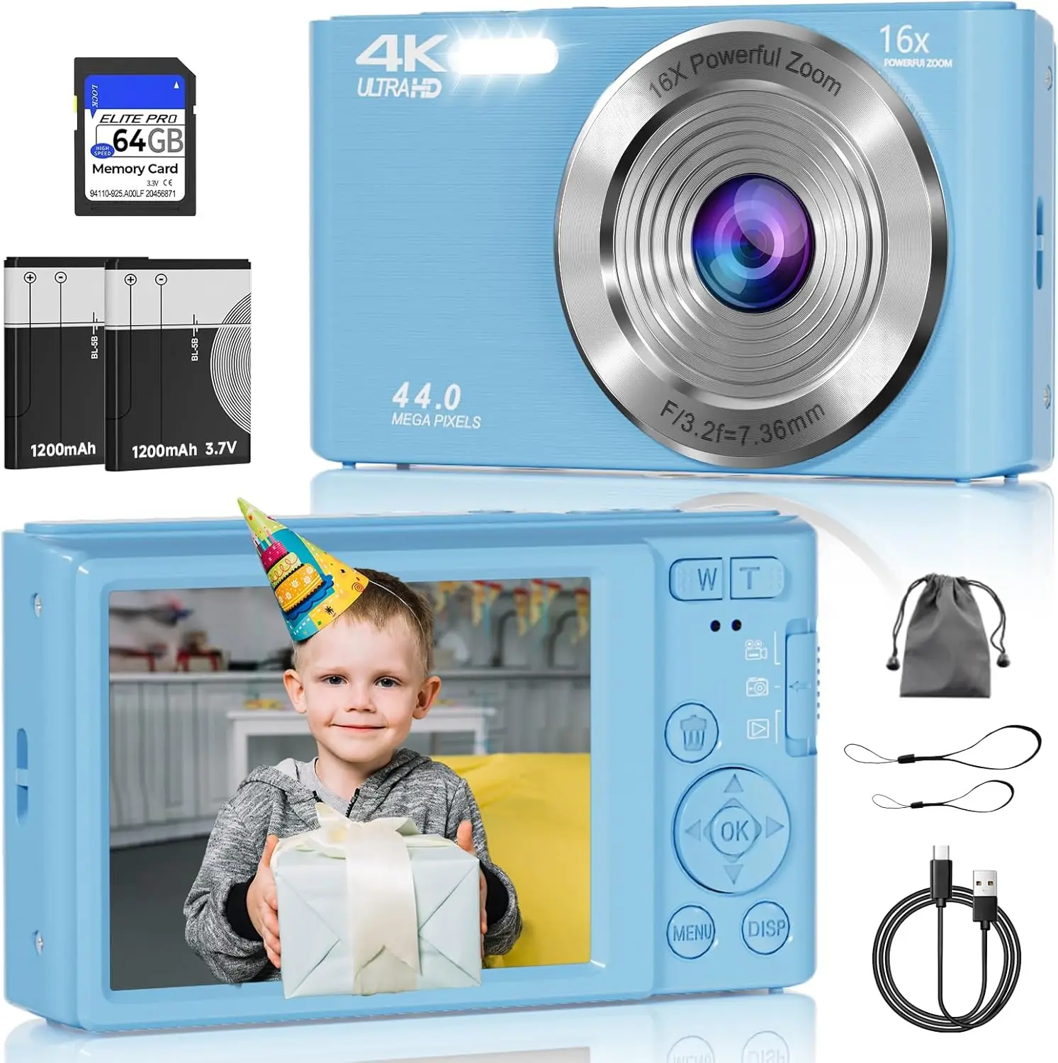 

FHD 4K Digital Camera with 64GB SD Card, 44MP Point and Shoot, 16X Zoom, Anti Shake, LED Lights for Kids Teens