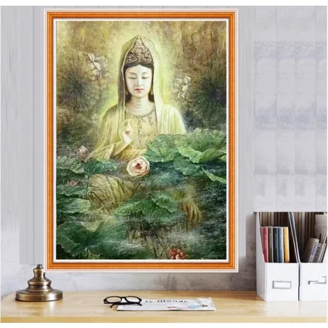 DIY full Diamond Embroidery,Round Diamond Water Lilies Guanyin Buddhist Living room decoration rhinestone Diamond painting