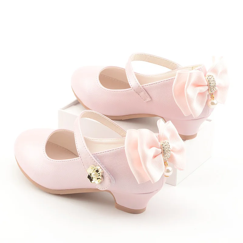 Children High Heel Girls Leather Shoes Bowkno Princess Shoes for Kids Performance Dress Student Show Dance Girls Sandals 27-38