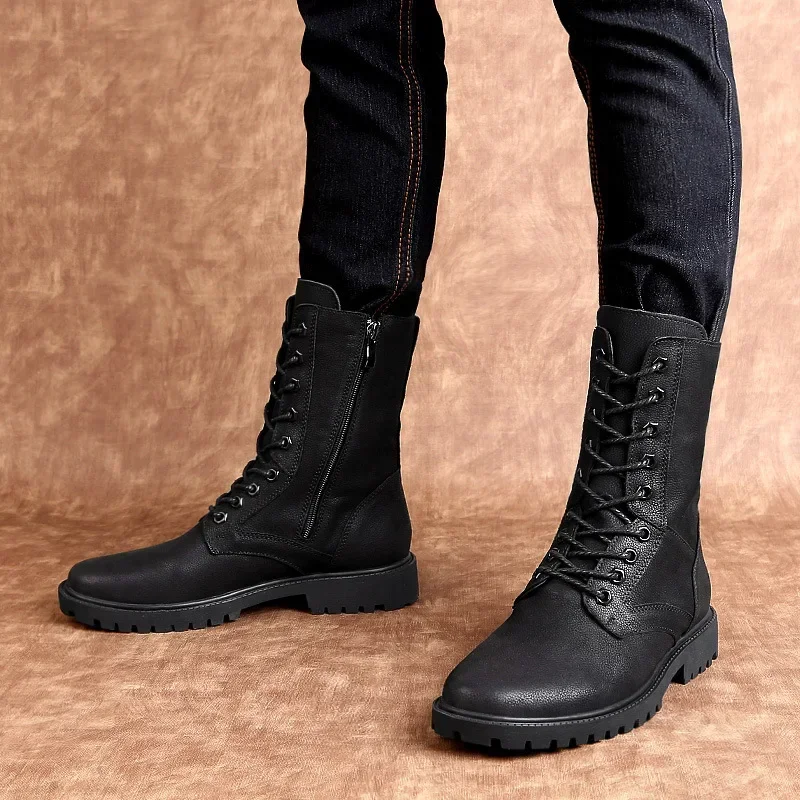 Men's Motorcycle Boot for Riding Waterproof Black Genuine Leather Boots Winter High Top Mid Calf Boots for Men Large Size 36-52