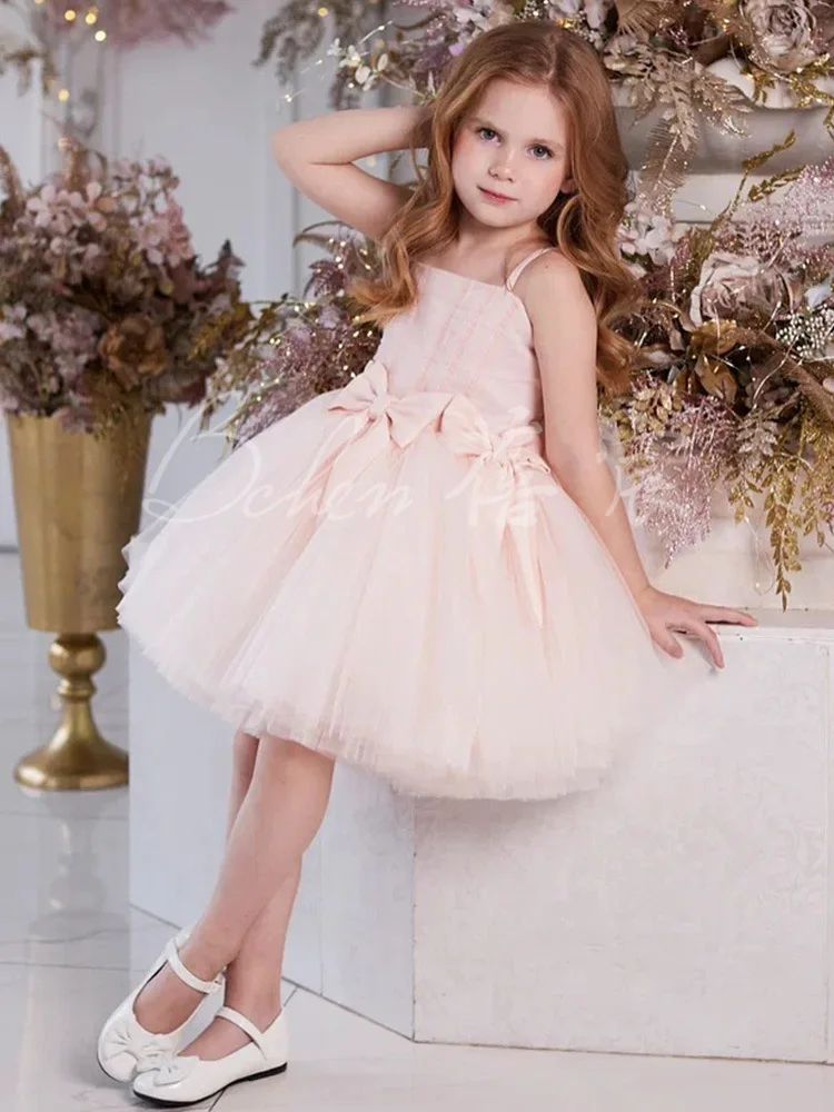 European and American Baby Girl Pink Dress with Bowknot Sweet Cute Children's Puffy Tulle Dress First Birthday Princess Dress Wh