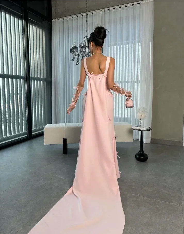 Customized Square Collar Pink Train Evening Dresses Gown Dresses Vestidos De Mujer Elegantes Para Fiesta 2024