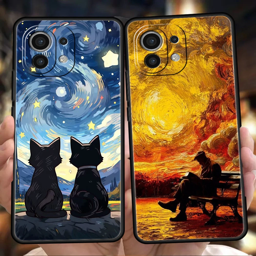 

Cat Van Gogh Starry Sky Phone Case For Xiaomi 15 14 13 12 Lite 14T 13T 12T Pro Poco X7 X6 X5 X4 X3 NFC F7 Ultra F6 Pro Cover