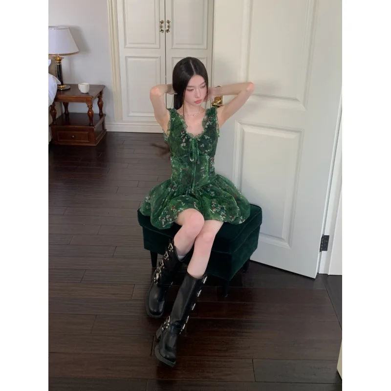 Retro V-ausschnitt Floral Rüschen Krawatte Leibchen Ärmelloses Grün Chiffon Puff Kleid Für Frauen Sommer Schlank Mori Mädchen Fee A-linie Kleid