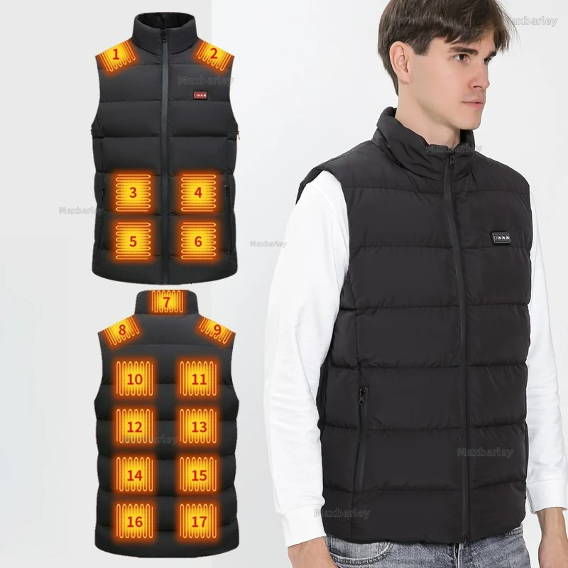 17 منطقة ساخنة سترة الرجال النساء الشتاء USB التحكم في درجة الحرارة الكهربائية صدرية 4-سرعة قابل للتعديل التدفئة جاكيت بلا إكمام