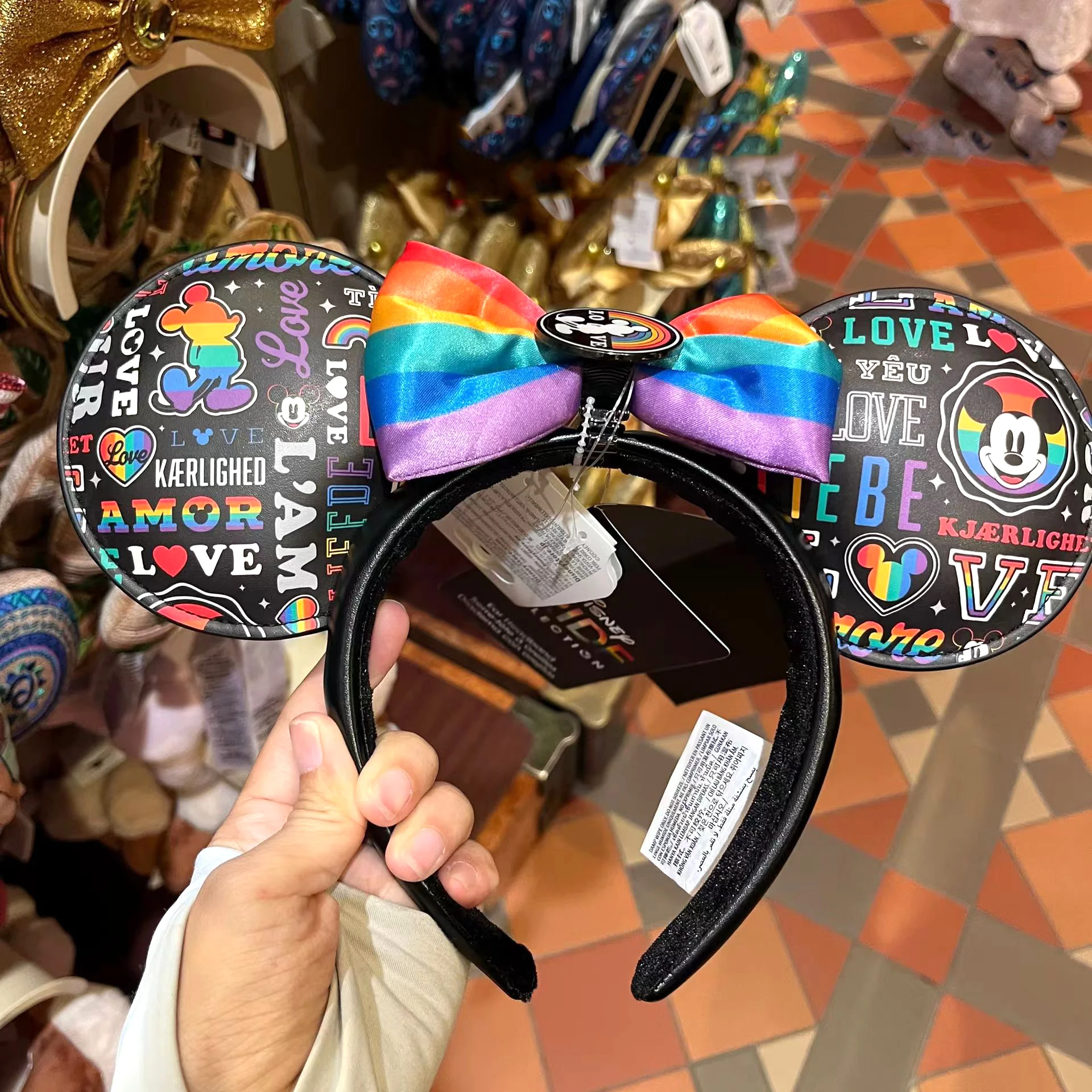 Disney Lilo& Stitch Mickey Mouse Headband Cartoon Embroidered Bow Stitch Metal Badge Shanghai Disneyland PU Leather Ear Headwear